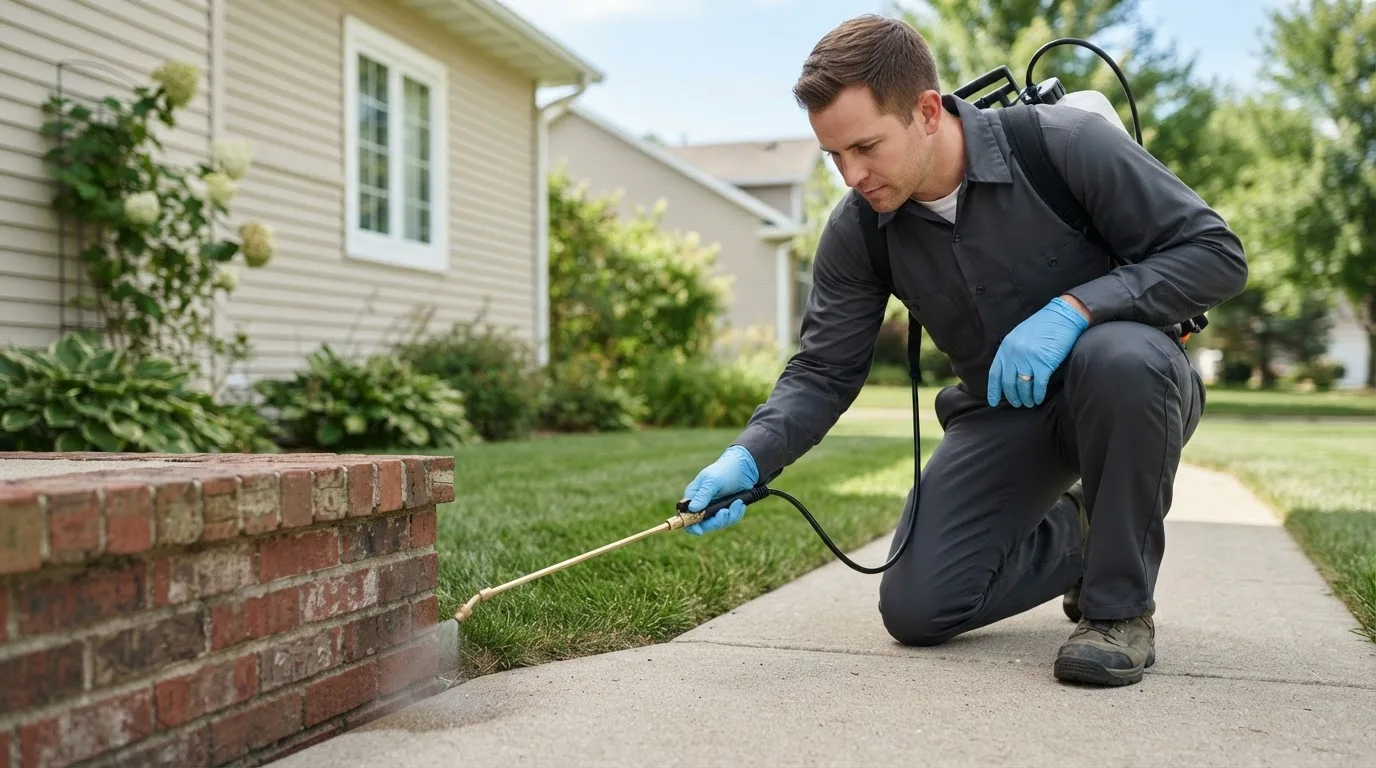 Pest control technician treating a home near Malcolm, AL
